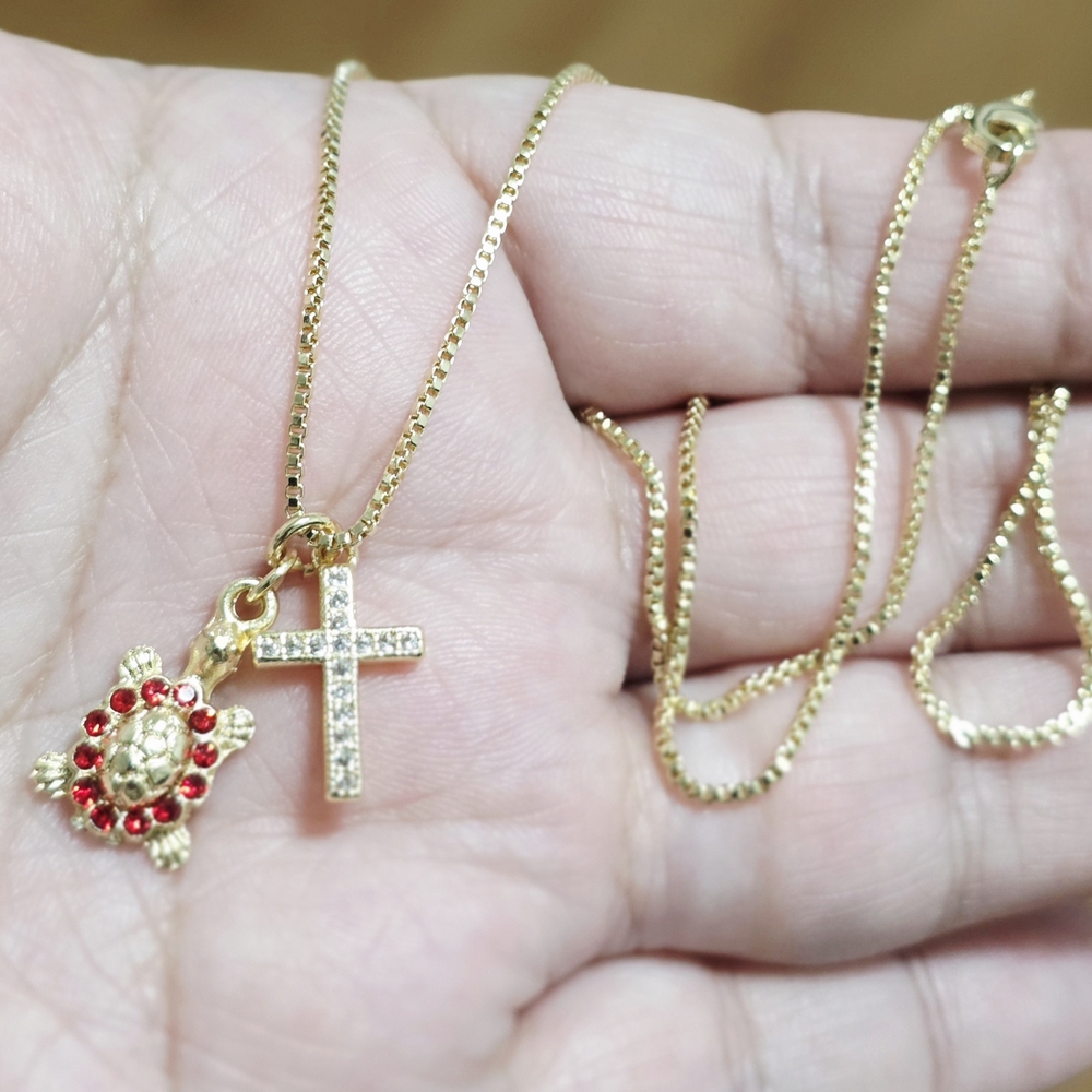 Gold and Red Turtle Cross Pendant Necklace